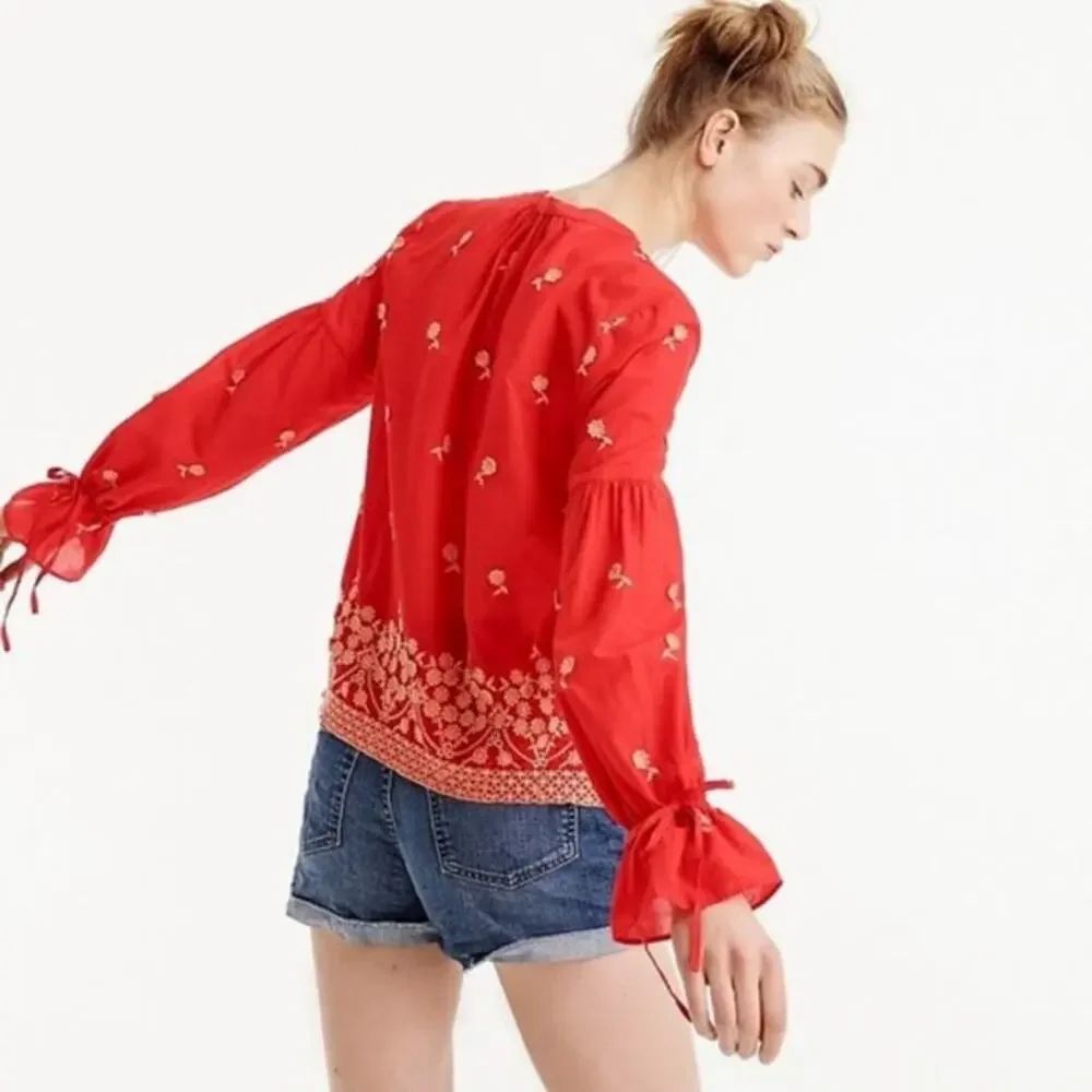 J. Crew White Embroidered Peasant Floral Popover Blouse